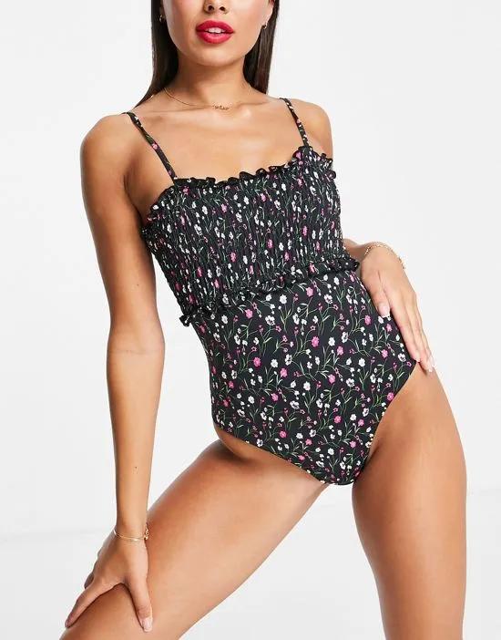Gianna shirred swimsuit in black floral