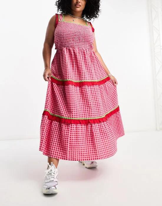 gingham ruffle tiered midaxi dress in pink