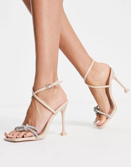 Glitter heeled sandals with diamante bow in blush