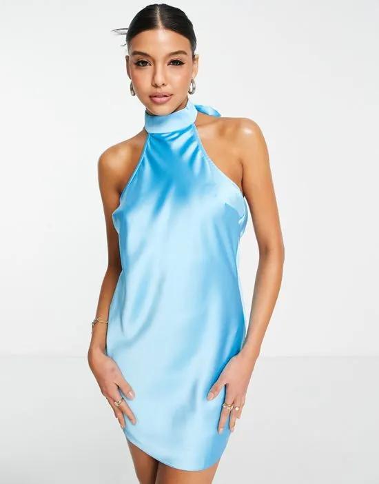 going out halter neck satin mini dress in blue
