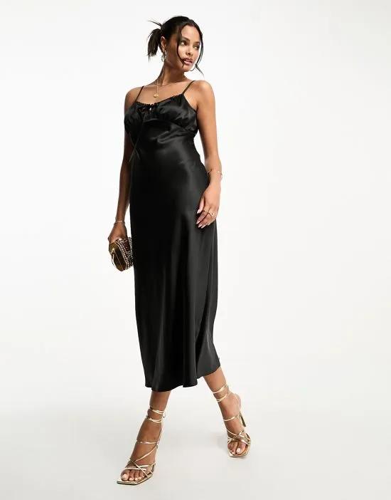 going out tie front cami bias satin midi dress in black