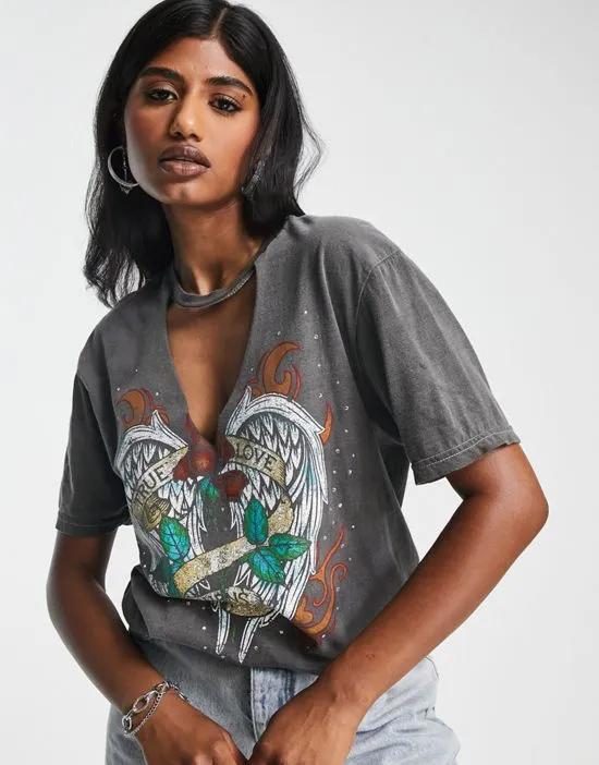 graphic oversized rock T-shirt with true love v cut out in washed charcoal