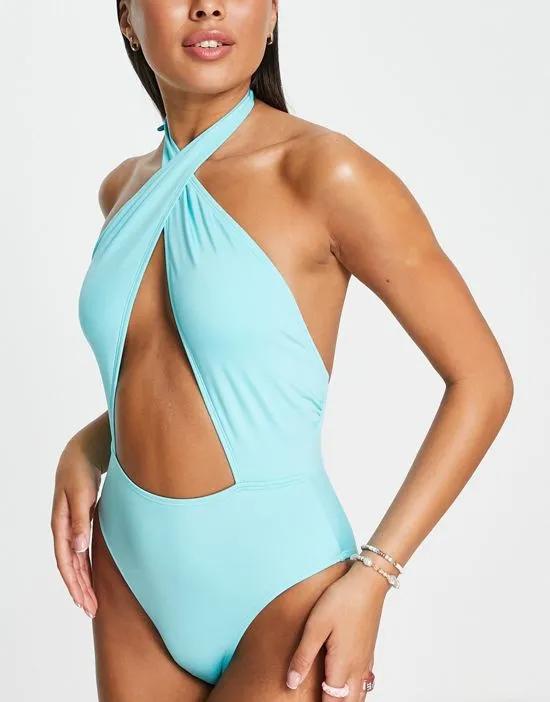 halteneck cut out swimsuit in turquoise