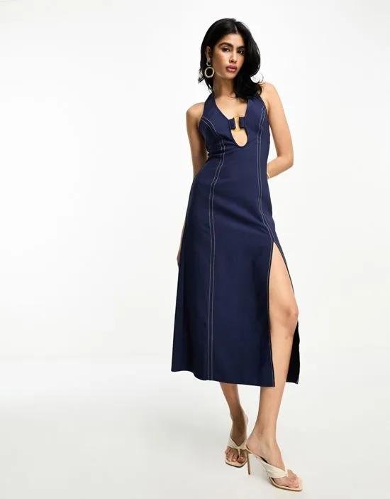 halter body-conscious midi dress stitch with contrast stitching and hardware trim in navy