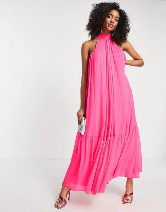 halter maxi dress in bright pink