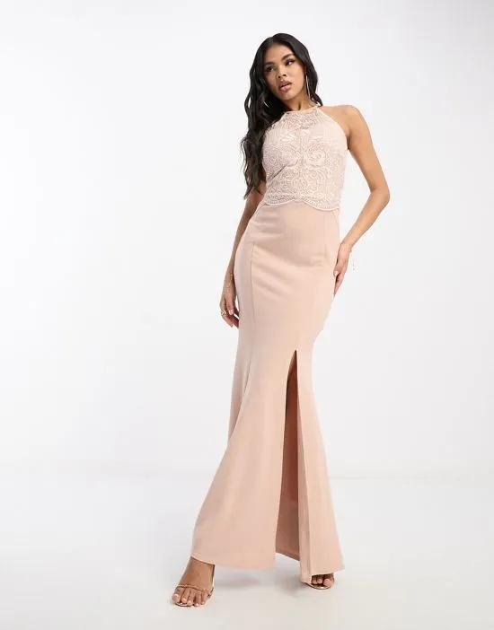 halter neck maxi dress with lace detail in light pink