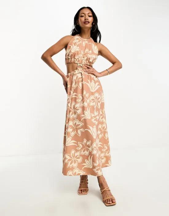 halter neck midi dress with cut out back and d-ring trim in print