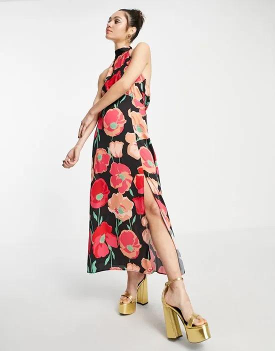 halter neck satin midi dress with in bold floral