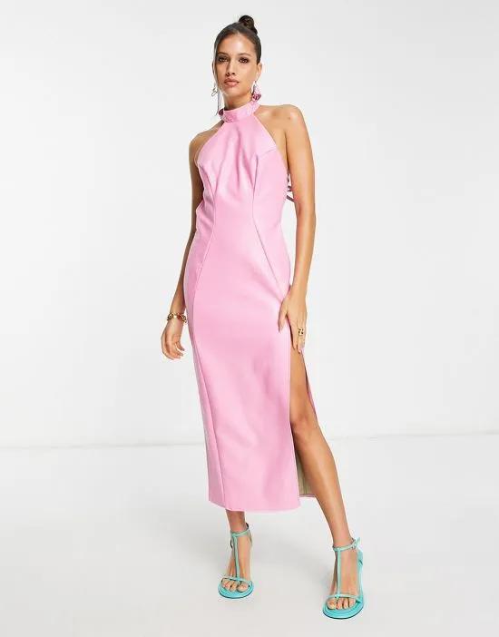 halter PU midi dress in croc effect PU in pink
