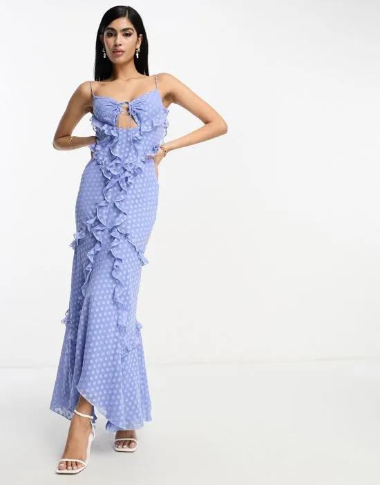 halter ruffle maxi dress with cut-out detail in textured dot in blue
