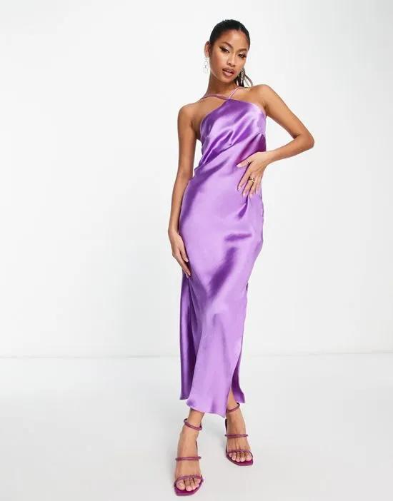 halter satin midi dress with side slit and lace up back in purple
