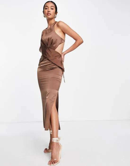halter satin midi dress with wrap waist detail in brown
