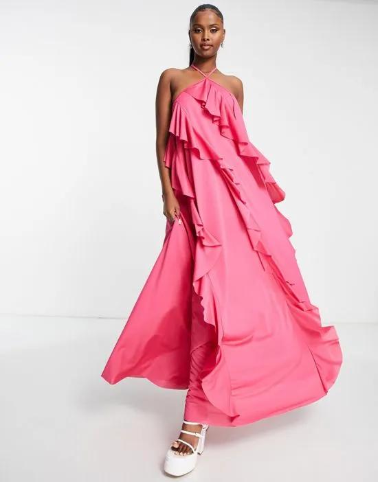 halter tiered ruffle maxi dress in pink - LPINK