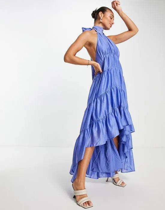 halter tiered voile maxi dress with tie back in blue