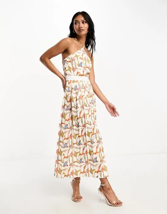 halterneck midaxi dress with pleated skirt in print