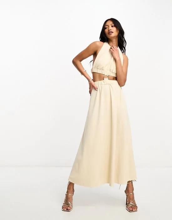 halterneck midi dress with cut-out back and D-ring trim in cream