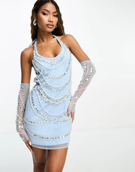 halterneck mini dress with pearl and diamante embellishment in baby blue