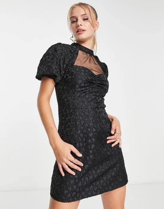 heart burnout mesh insert mini dress in black