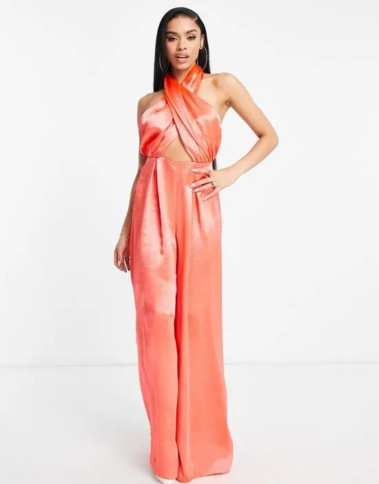 hi-shine satin wear me any way jumpsuit in coral