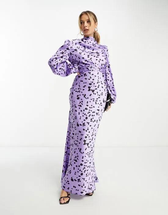 high cowl neck satin maxi dress with pleated belt in lilac animal