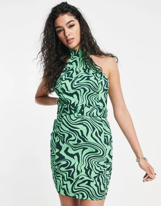 high neck belted twill mini dress in green swirl