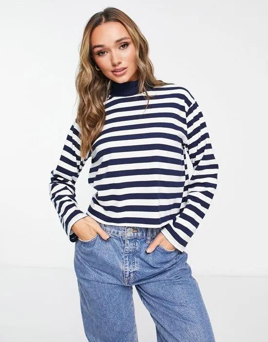 high neck boxy long sleeve top in navy and white stripe