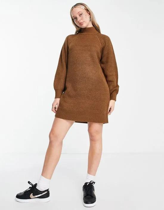 high neck knit mini sweater dress in brown
