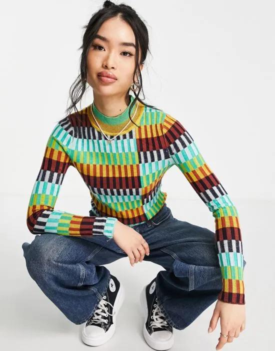 high neck knitted sweater in multi
