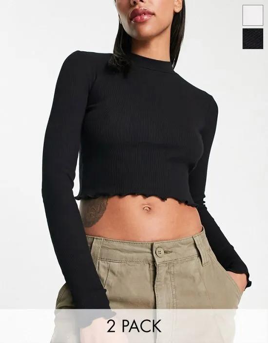 high neck long sleeve crop top 2 pack in black and white