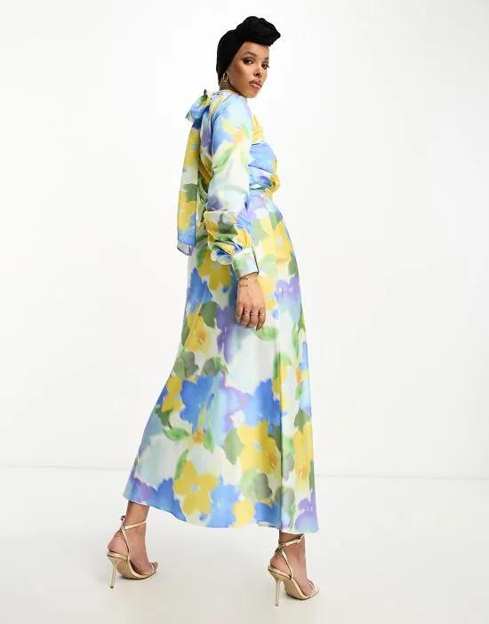 high neck maxi dress with belt in blurred floral print