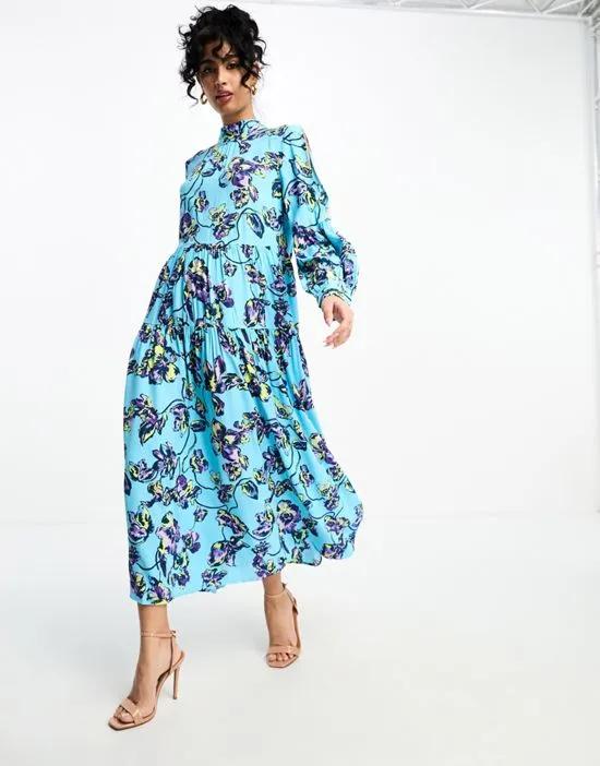 high neck maxi dress with bow back detail in blue floral print