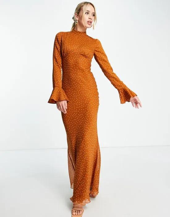 high neck maxi dress with flared cuffs in rust dot