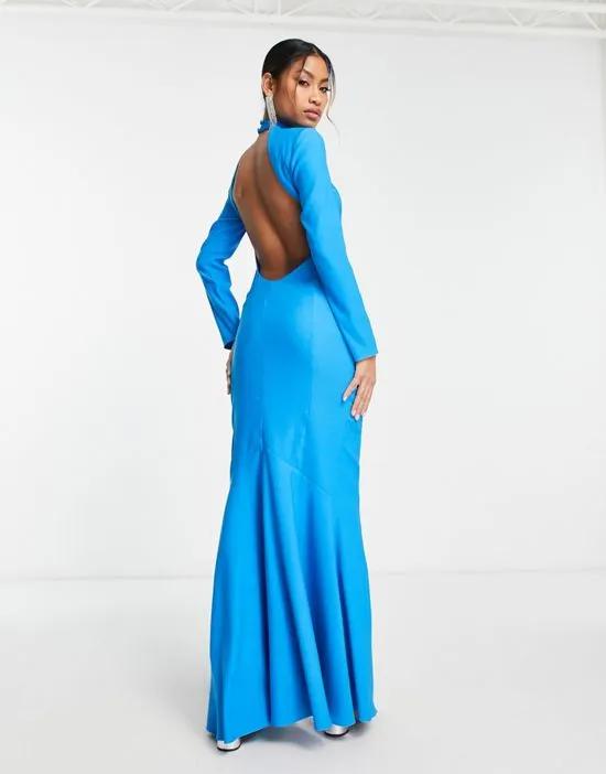 high neck maxi dress with open back in electric blue