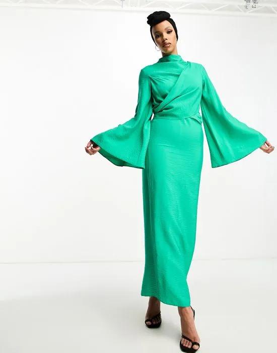 high neck maxi dress with wrap waist and fluted sleeve in emerald green
