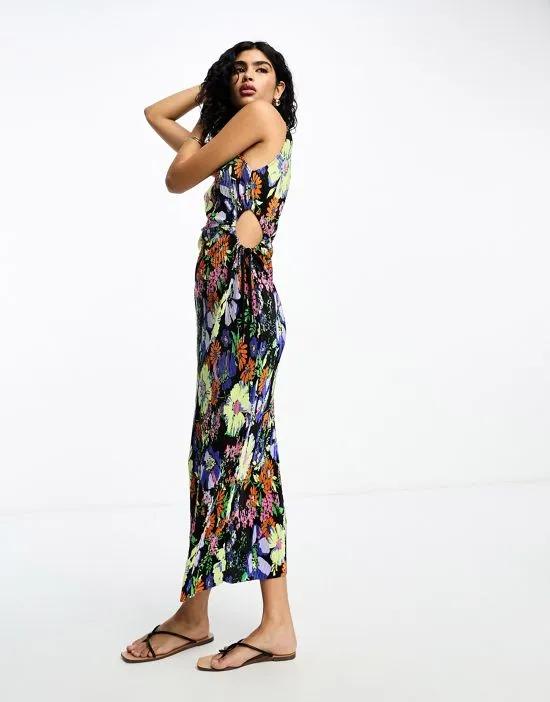 high neck midi plisse dress with cut out side and toggle detail in black floral print