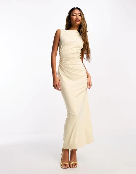 high neck sleeveless ruched maxi dress in cream