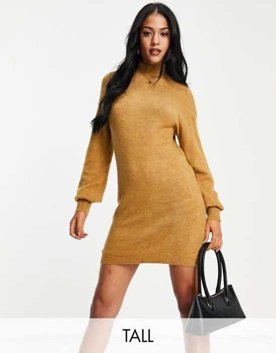 high neck sweater dress in camel