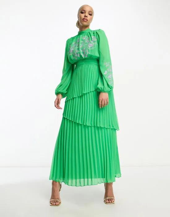 high neck tiered pleated maxi dress with contrast embroidery in green