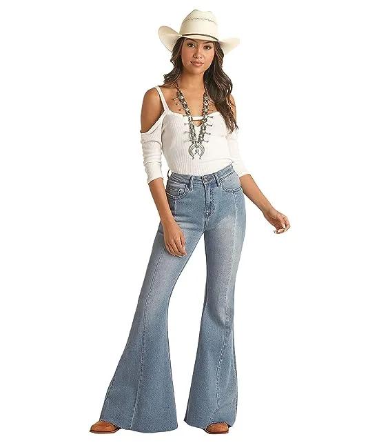 High-Rise Distressed Bell Bottom Jeans in Light Wash RRWD7HRZTT