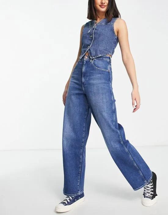 high rise wide barrel jeans in mid wash blue