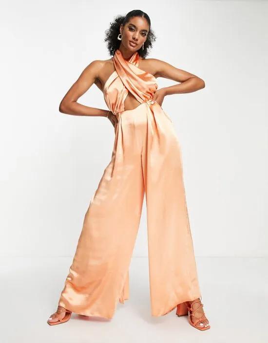 high shine satin multiway jumpsuit in peach