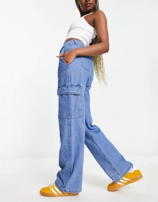 high waisted contrast stitch baggy cargo jeans in mid blue