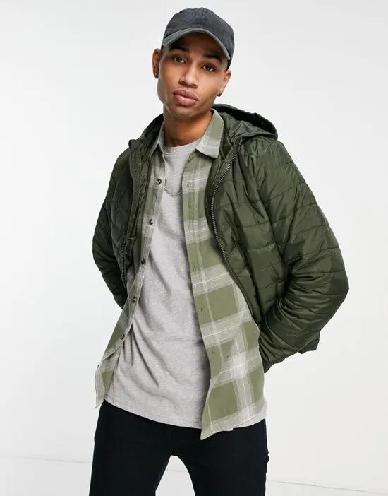 hooded puffer in khaki