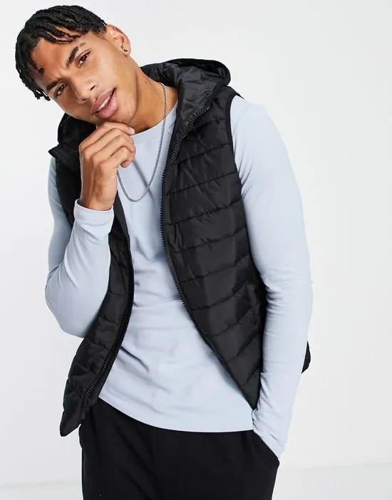 hooded puffer vest in black
