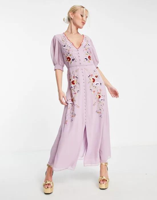 Hope & Ivy Mila embroidered midi dress in pink