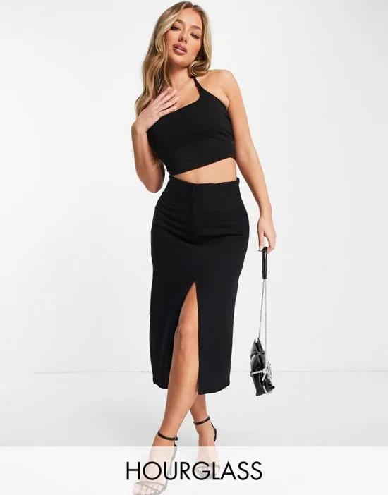 Hourglass linen midi pencil skirt with slit in black