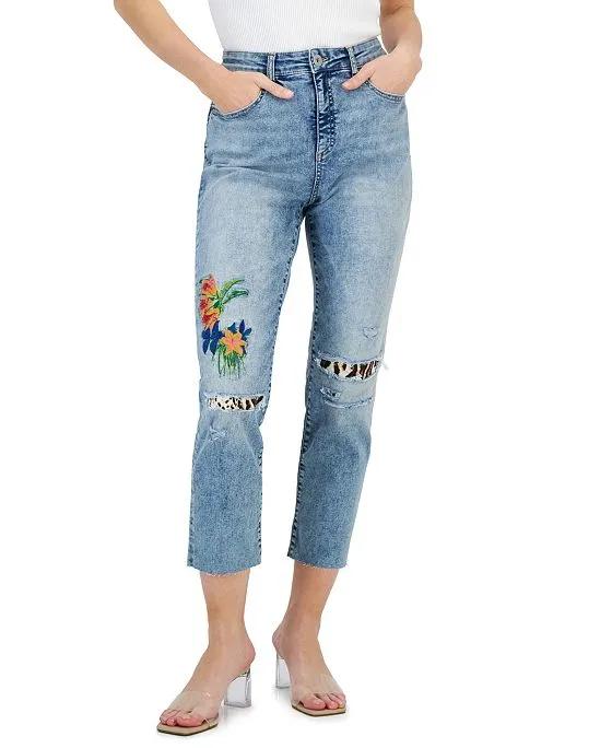 INC International Concepts Women's High-Rise Patchwork Cropped Jeans, Created for Macy's