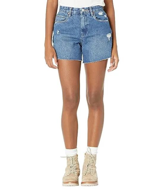 Indigo Blue Five-Pocket Cutoffs Mom Shorts with Small Rips in Second Round