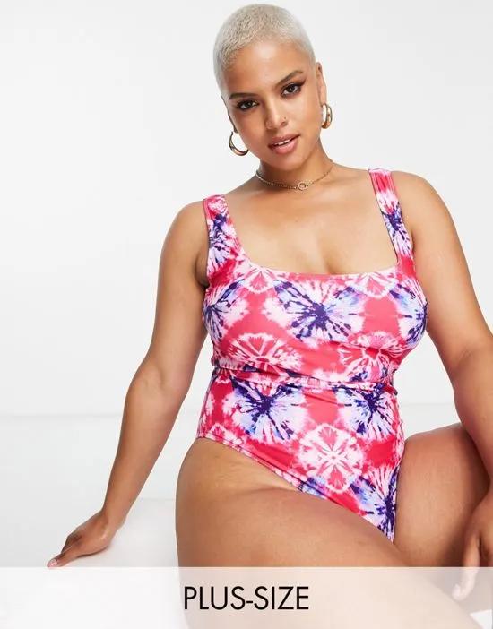 Inspired Plus square neck swimsuit in butterfly tie dye floral print