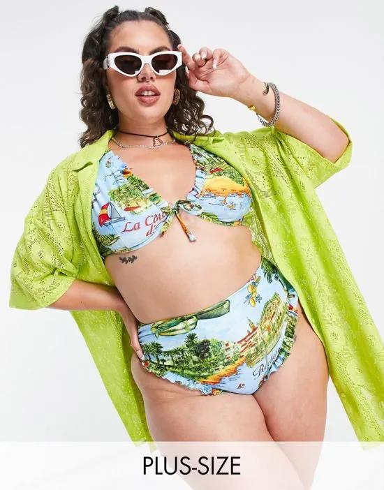 inspired Plus Underwired bikini top in Retro Postcard Print - MULTI